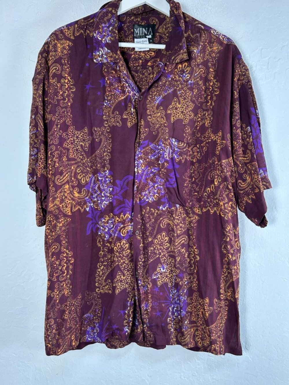 Mina Mens Hand-Batik Purple & Gold Rayon Hawaiian Shirt Medium Button Up Casual